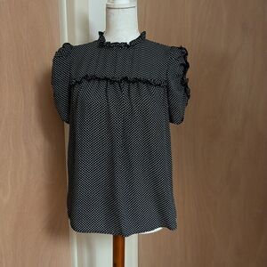 NWT Who What Wear Black Polka Dot Ruffle Blouse XS | Babydoll Puff Sleeve Top